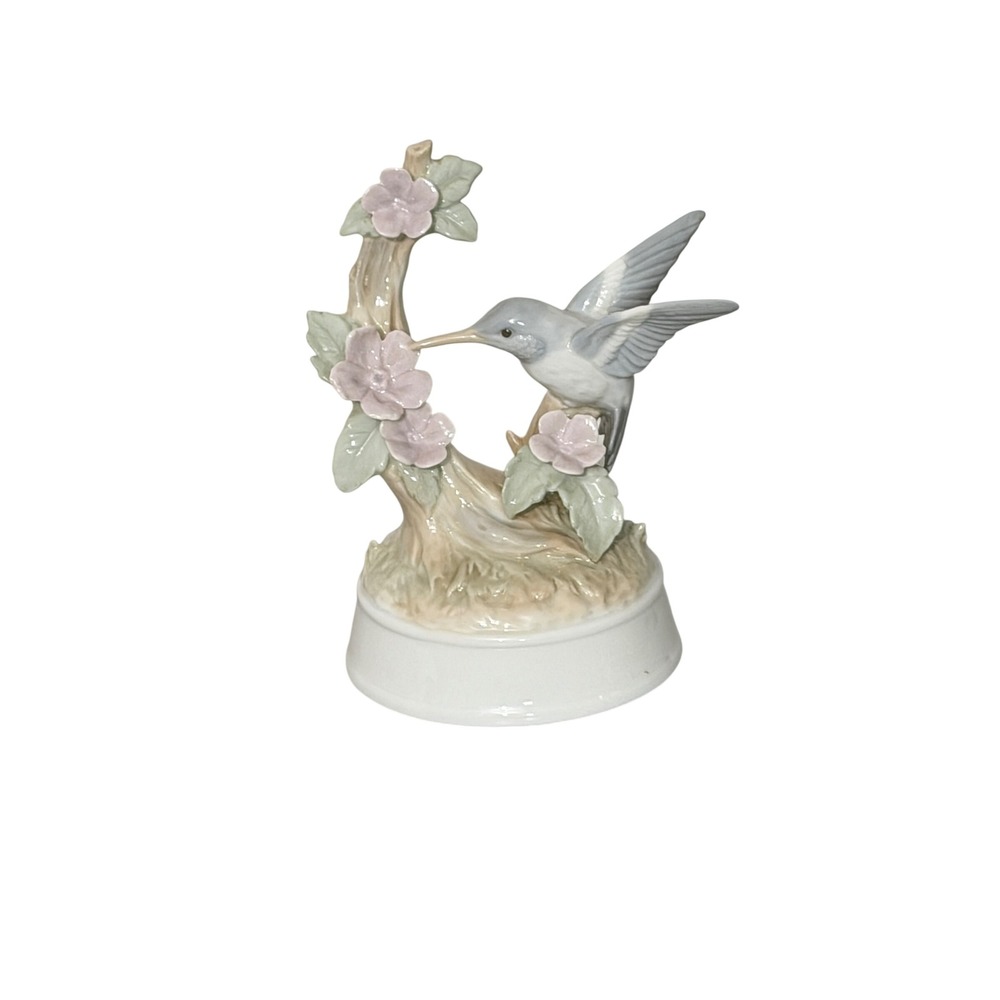 Otagiri Hummingbird Music Box "Tenderly" Blue Pink Porcelain Japan Vintage